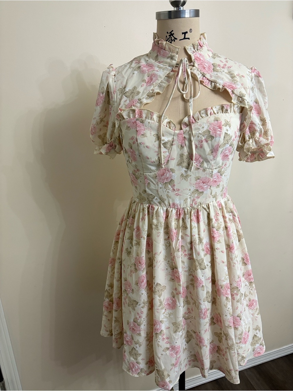 SHEIN Pink and Cream Floral Ruffle Tie-Neck Mini Dress
